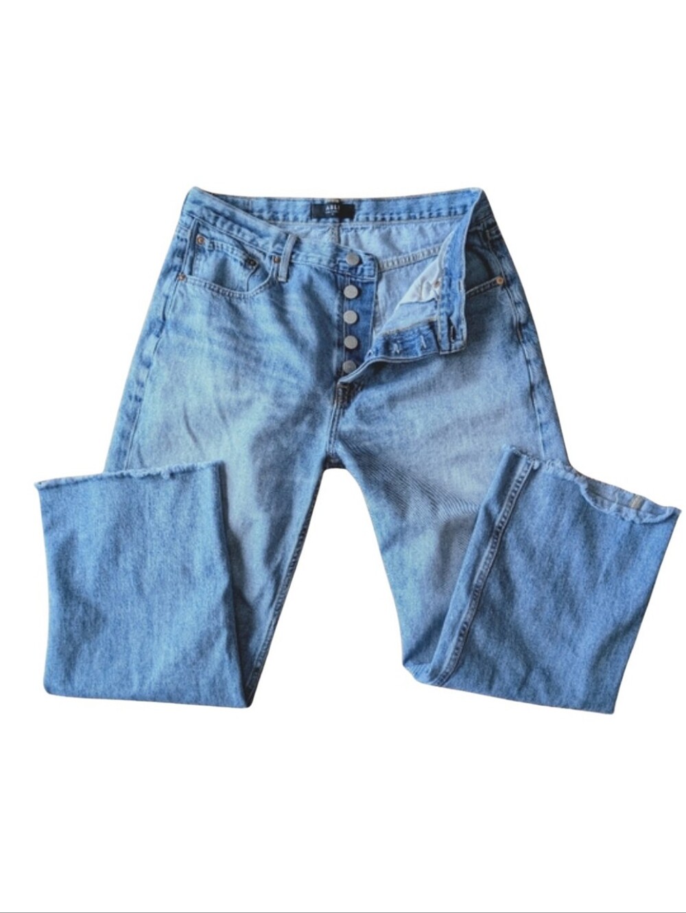 ABLE The Boyfriend Button Fly Frayed Cropped Jeans Medium Wash Denim 30